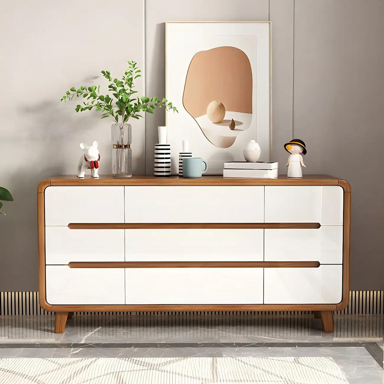 Commode double traditionnelle en bois blanc-brun à bord arqué