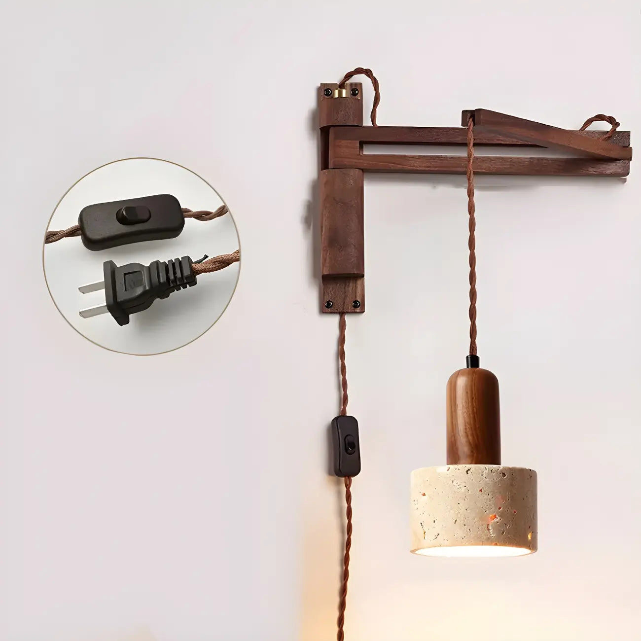 Applique murale vintage en bois brun marron avec bras articulé et abat-jour beige pierre.