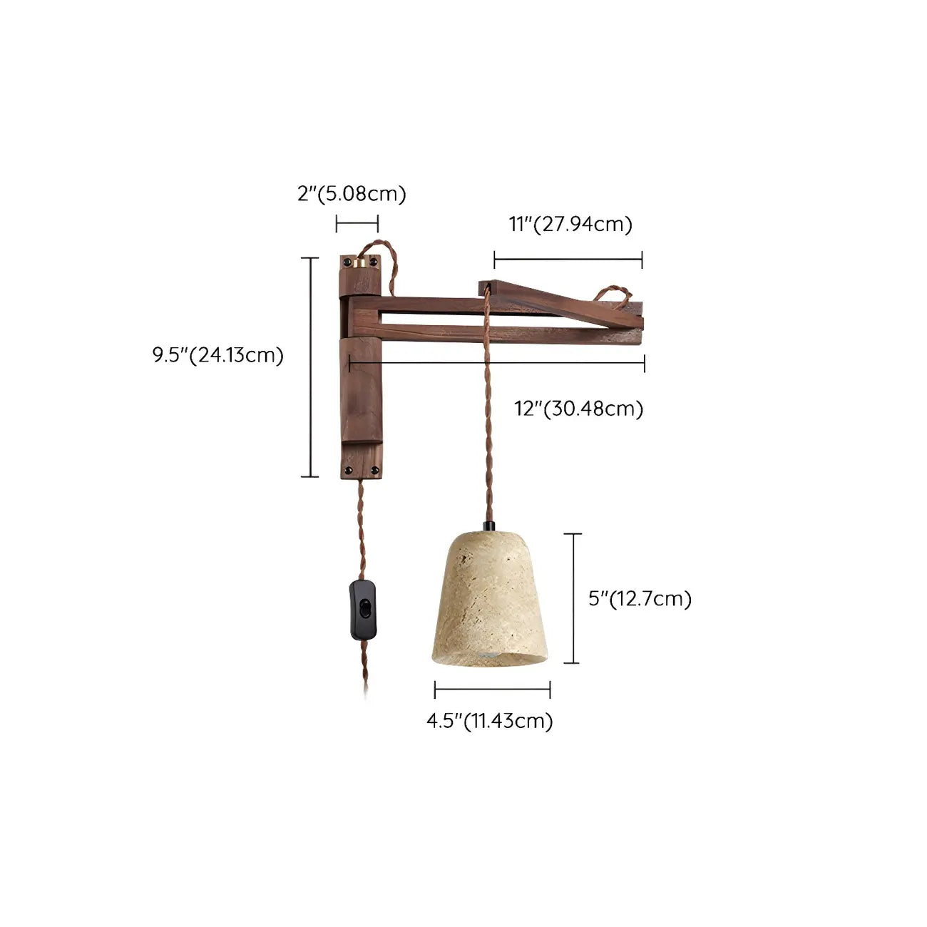 Applique murale vintage en bois brun marron avec bras articulé et abat-jour beige pierre.