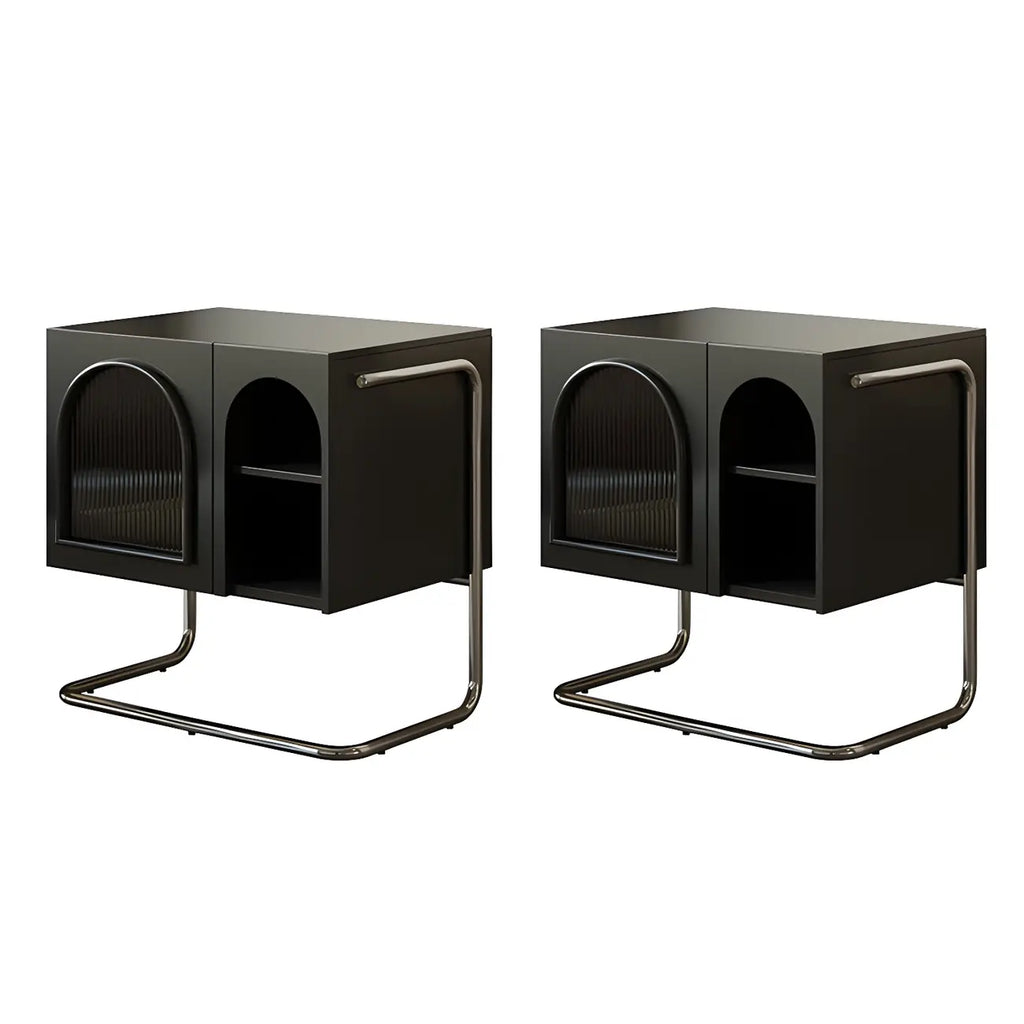 Table de chevet étroite cubique en bois noir avec base en acier