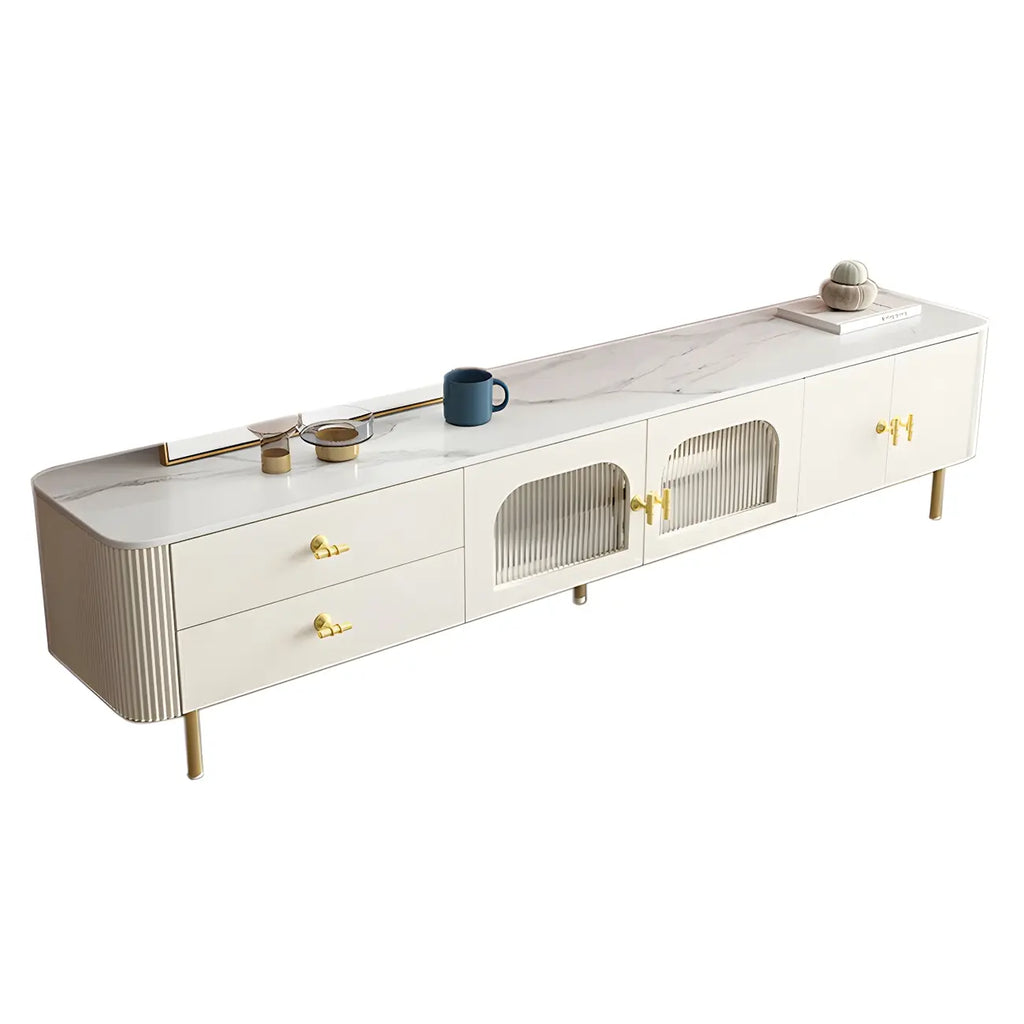 Meuble TV avec portes vitrées en pierre blanche et pieds dorés