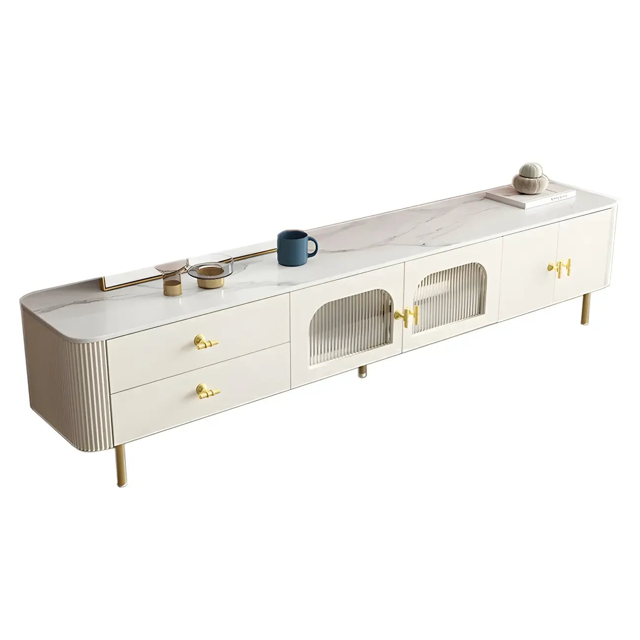 Meuble TV avec portes vitrées en pierre blanche et pieds dorés