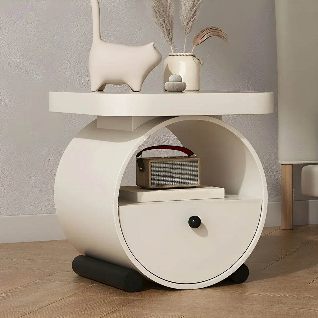 Table de chevet ronde en bois beige kaki avec étagère et tiroir