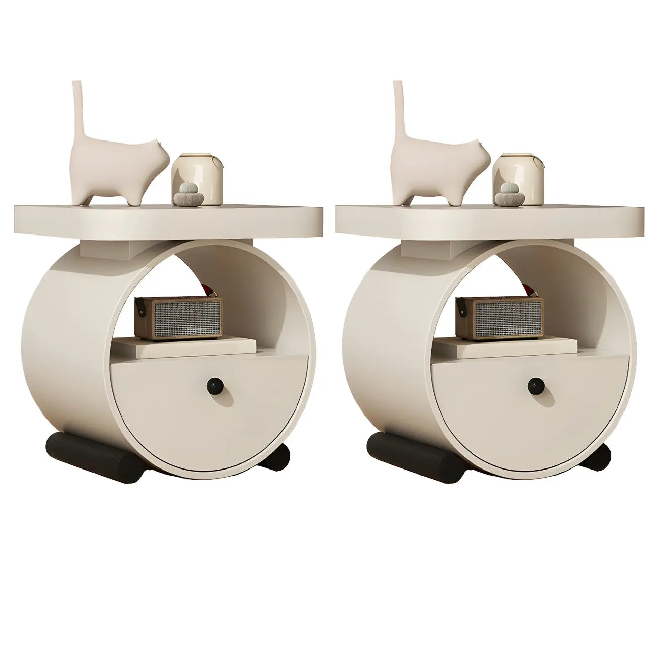 Table de chevet ronde en bois beige kaki avec étagère et tiroir