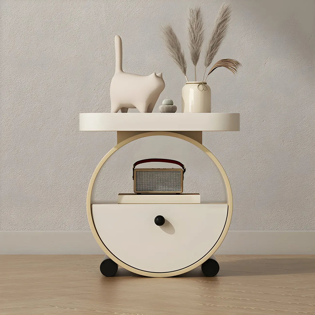 Table de chevet ronde en bois beige kaki avec étagère et tiroir