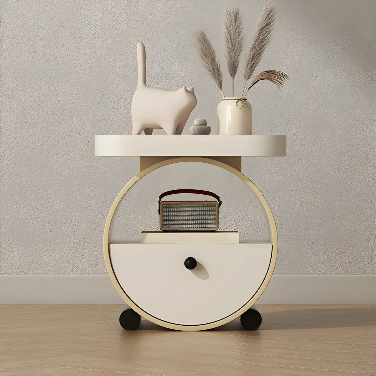 Table de chevet ronde en bois beige kaki avec étagère et tiroir