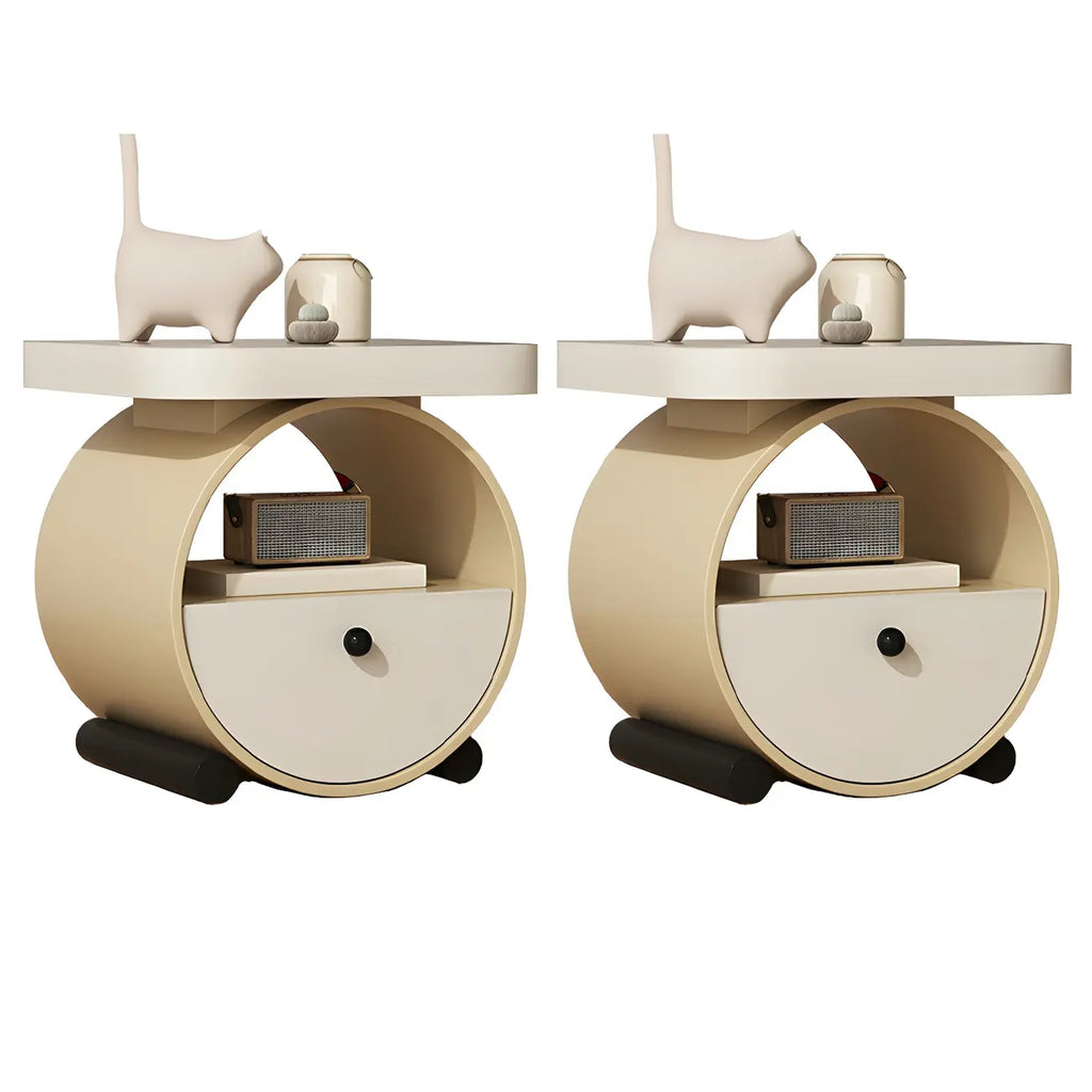 Table de chevet ronde en bois beige kaki avec étagère et tiroir