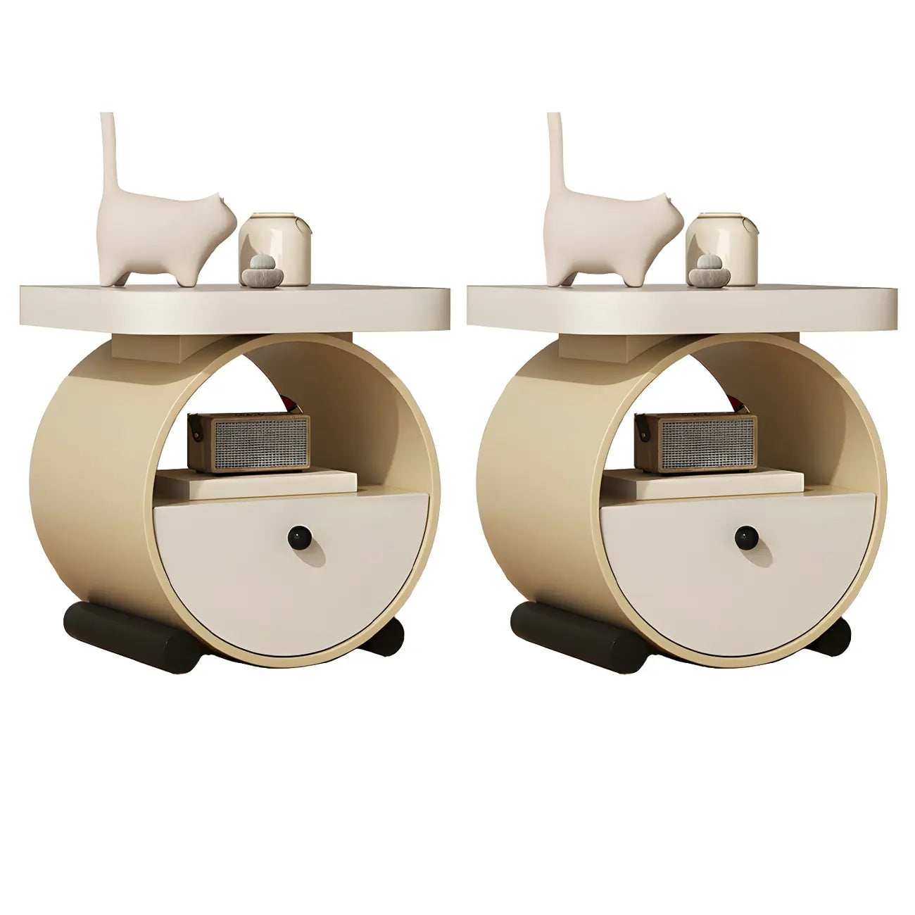 Table de chevet ronde en bois beige kaki avec étagère et tiroir