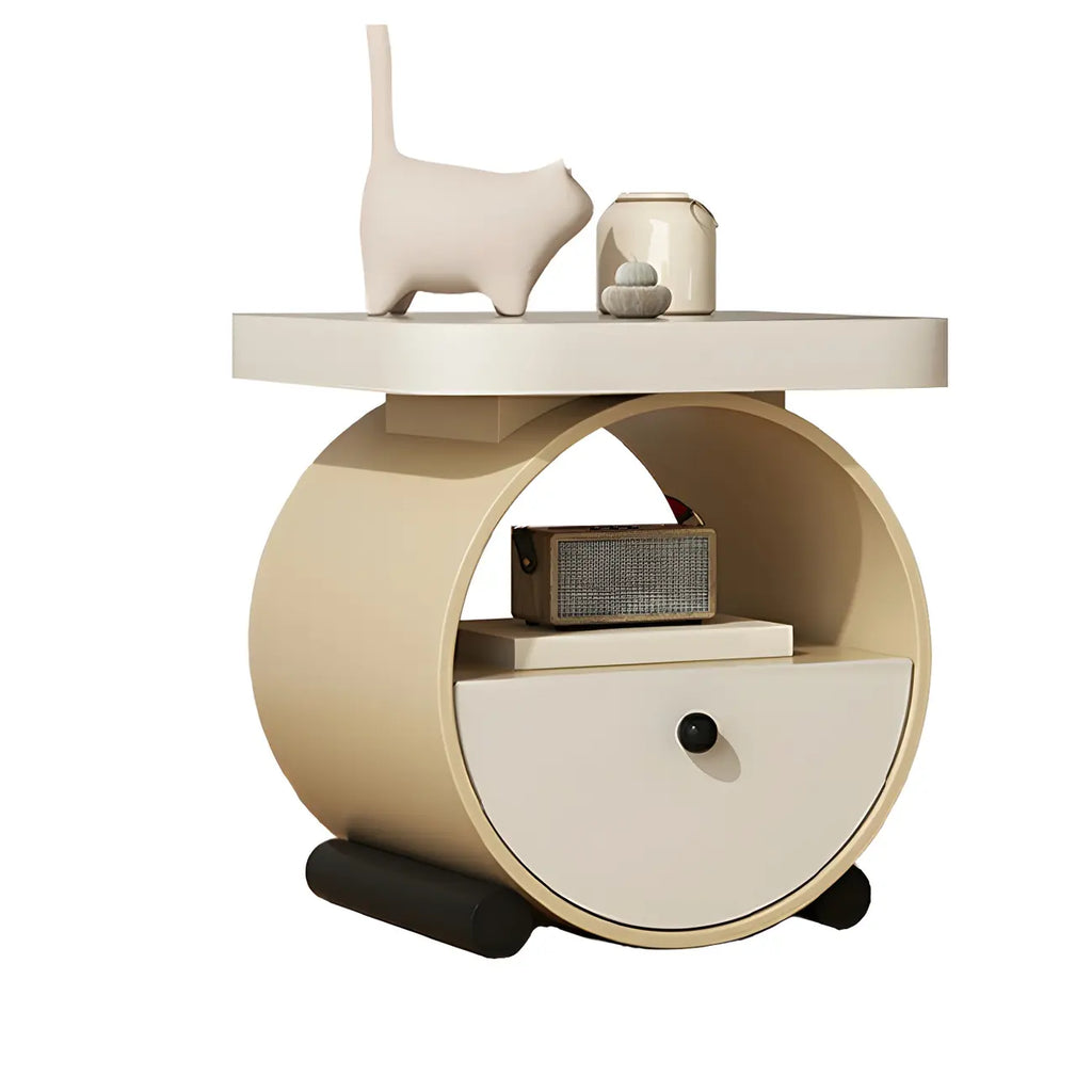 Table de chevet ronde en bois beige kaki avec étagère et tiroir