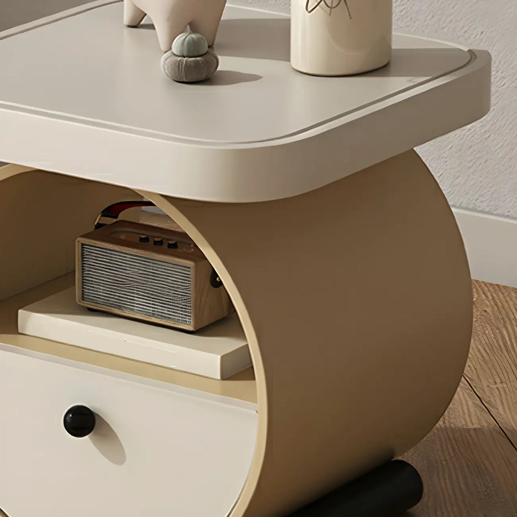 Table de chevet ronde en bois beige kaki avec étagère et tiroir