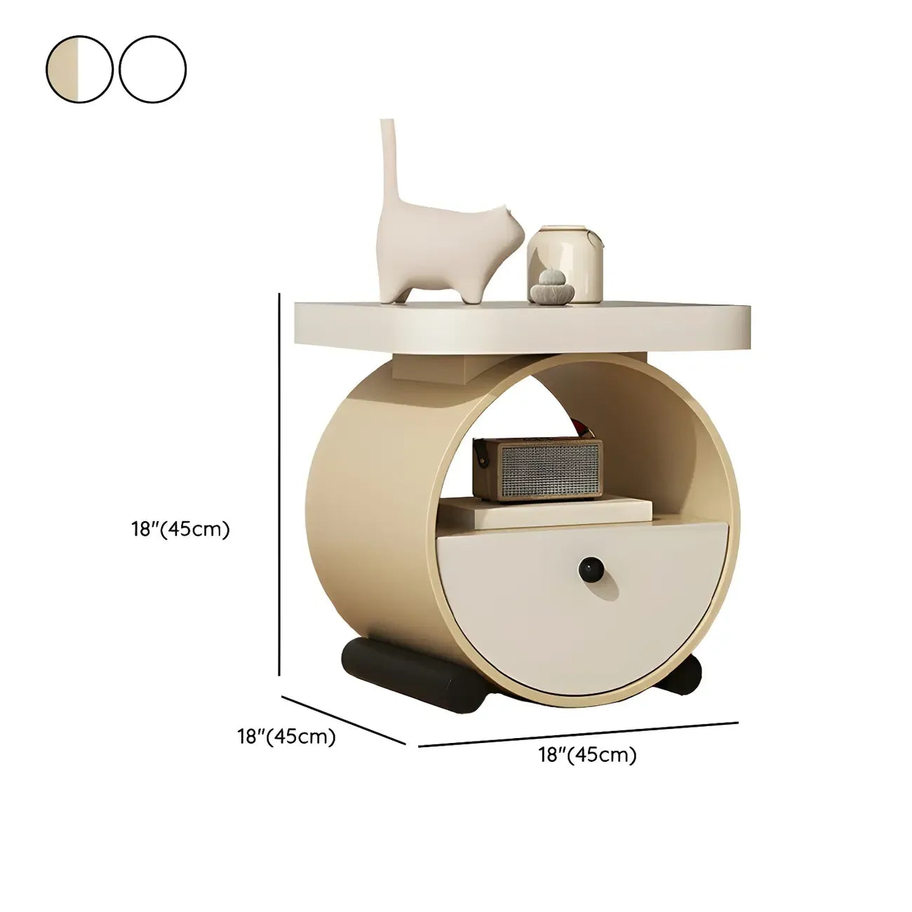 Table de chevet ronde en bois beige kaki avec étagère et tiroir
