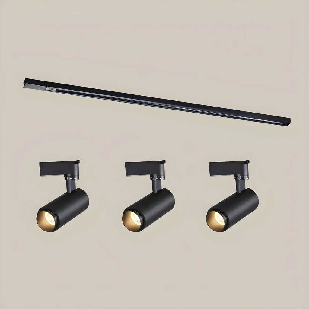 Projecteur sur rail LED cylindrique simple à 3 lumières en métal noir