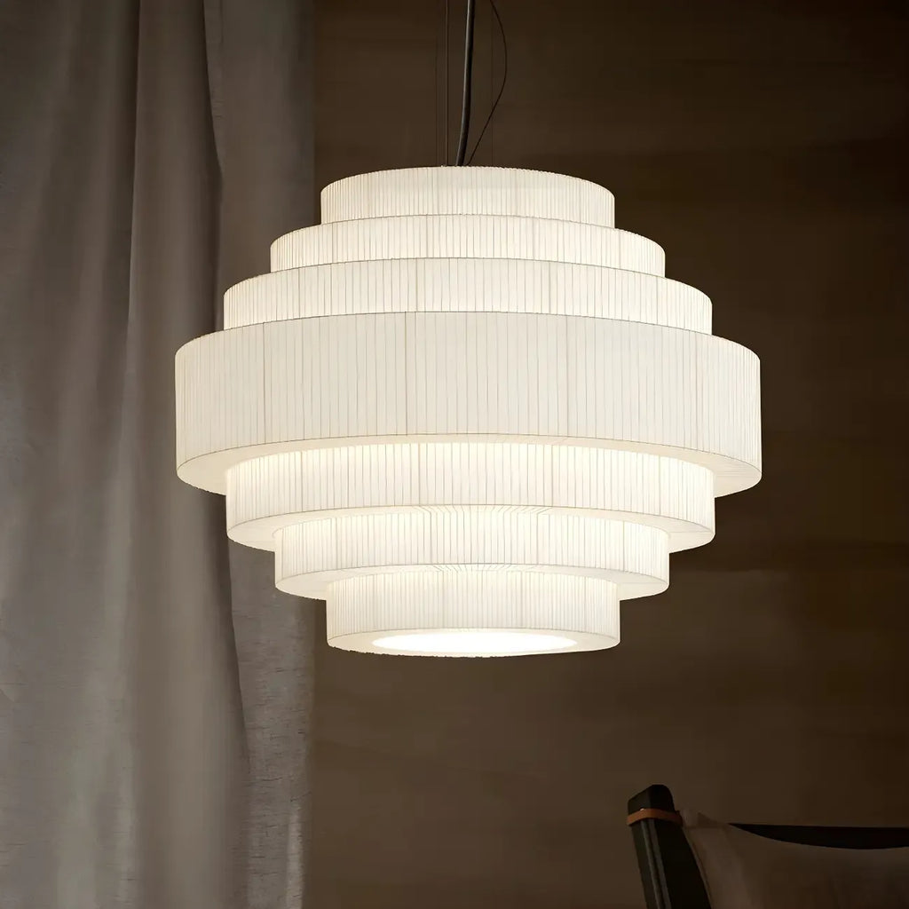 Lustre moderne à plusieurs niveaux en tissu géométrique blanc
