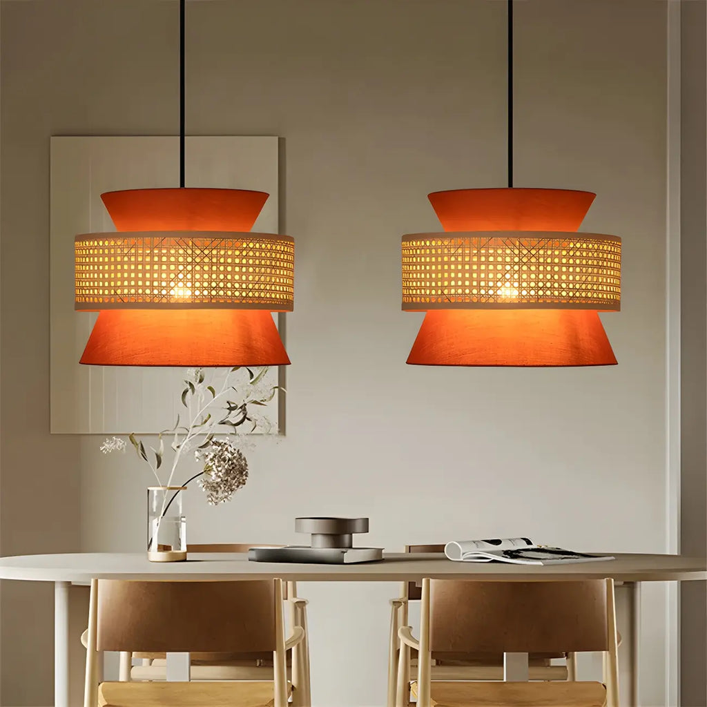 Lustre moderne bohème tissé, cylindrique, à hauteur réglable.