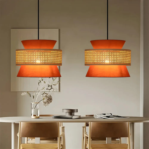 Lustre moderne bohème tissé, cylindrique, à hauteur réglable.