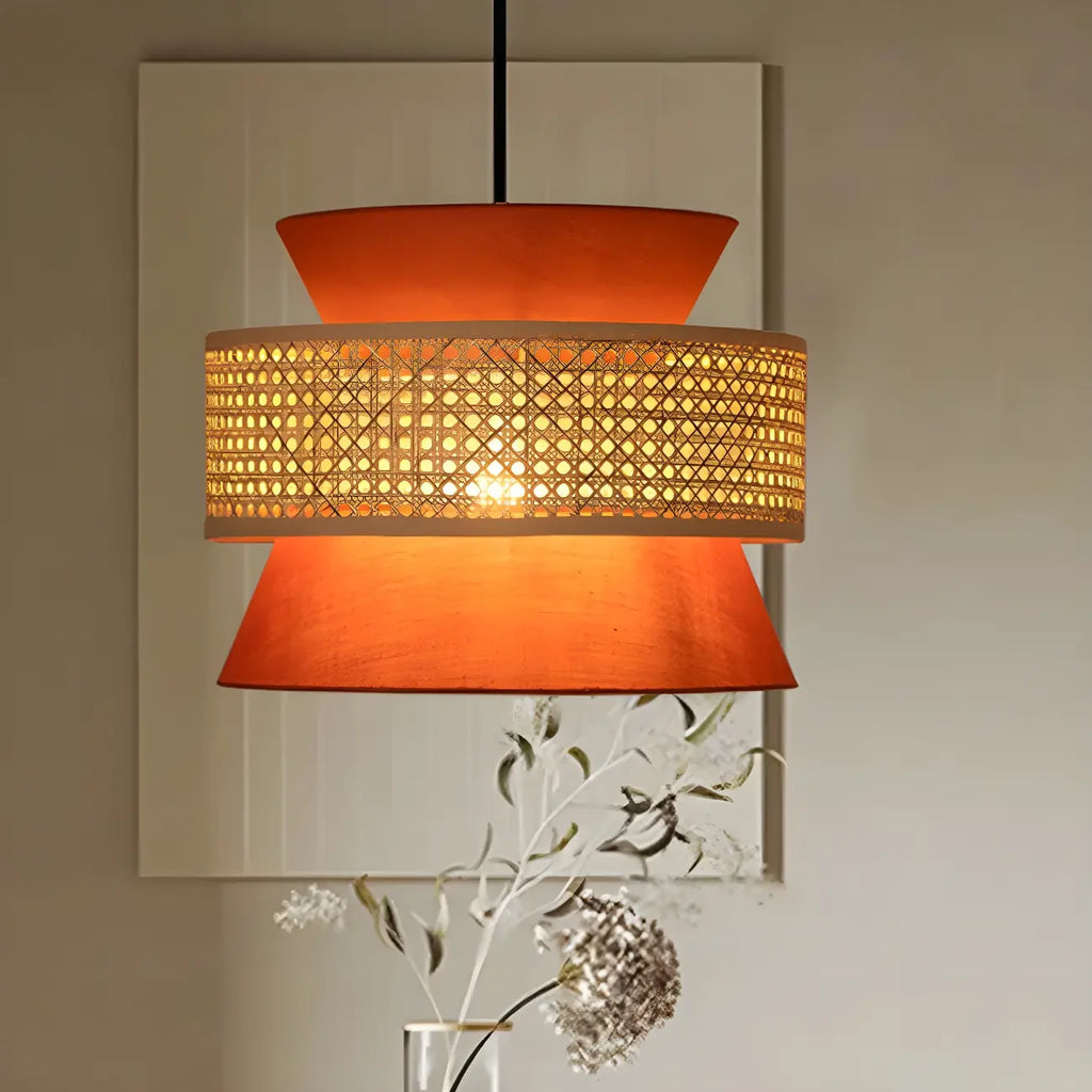 Lustre moderne bohème tissé, cylindrique, à hauteur réglable.