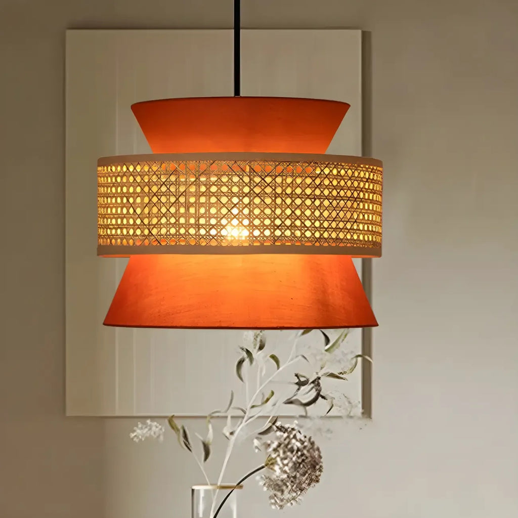 Lustre moderne bohème tissé, cylindrique, à hauteur réglable.