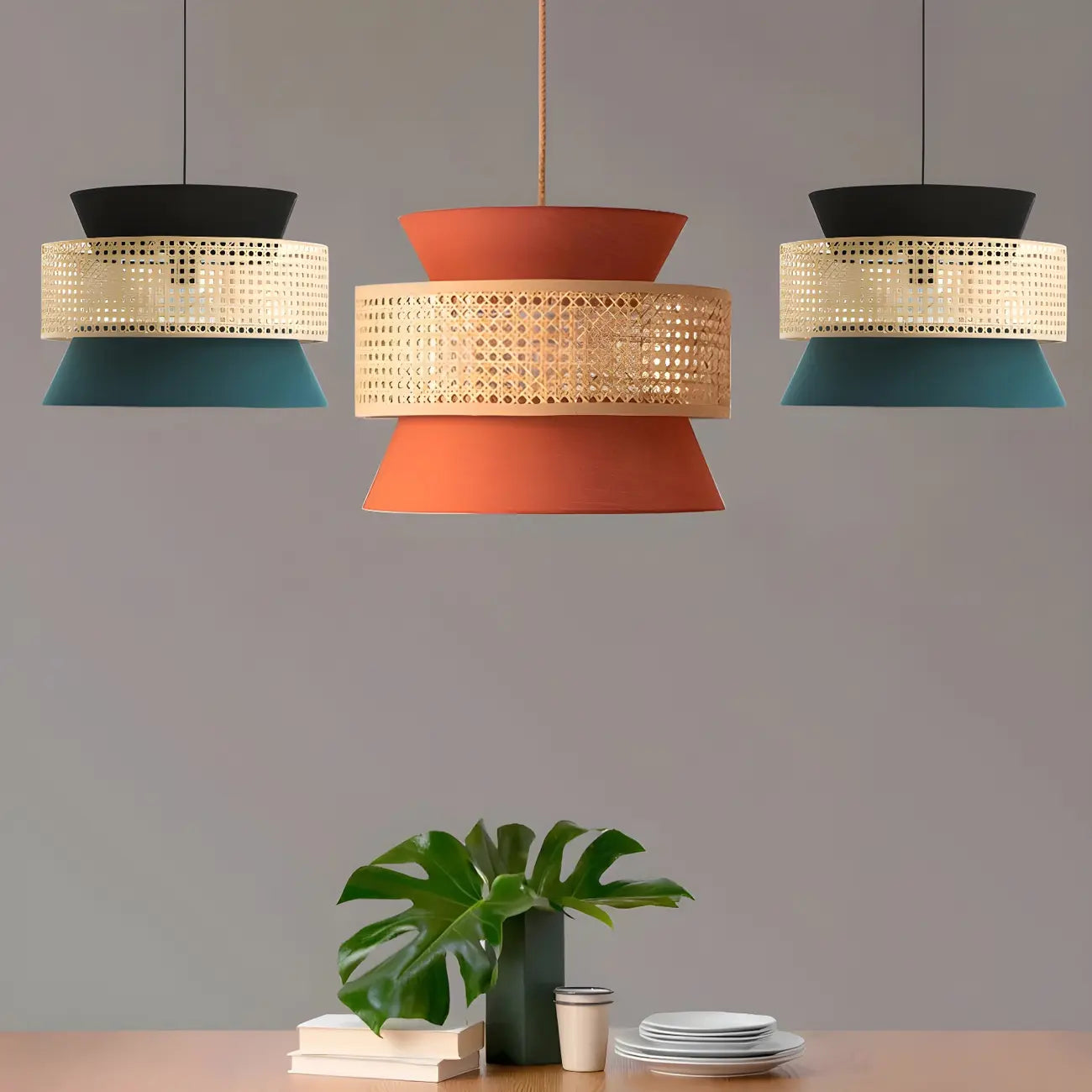 Lustre moderne bohème tissé, cylindrique, à hauteur réglable.