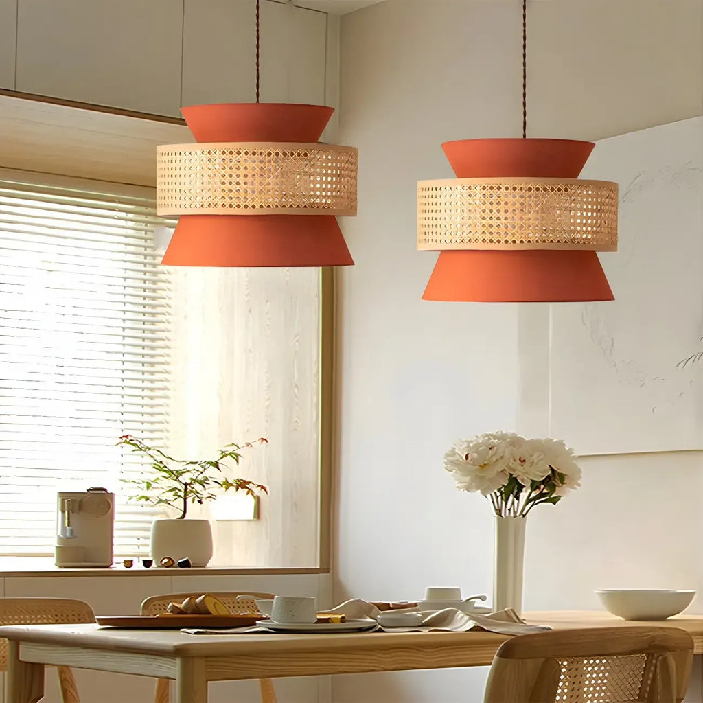 Lustre moderne bohème tissé, cylindrique, à hauteur réglable.