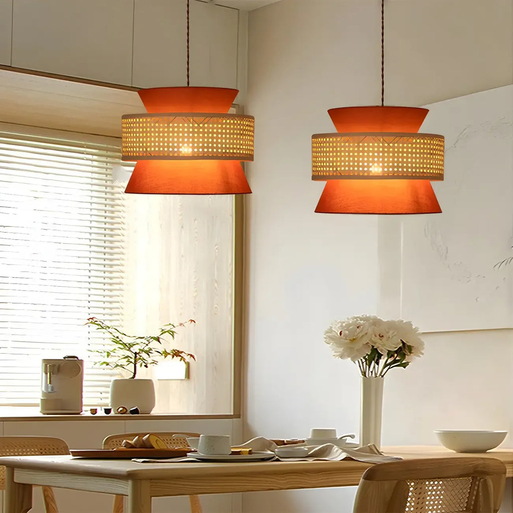 Lustre moderne bohème tissé, cylindrique, à hauteur réglable.