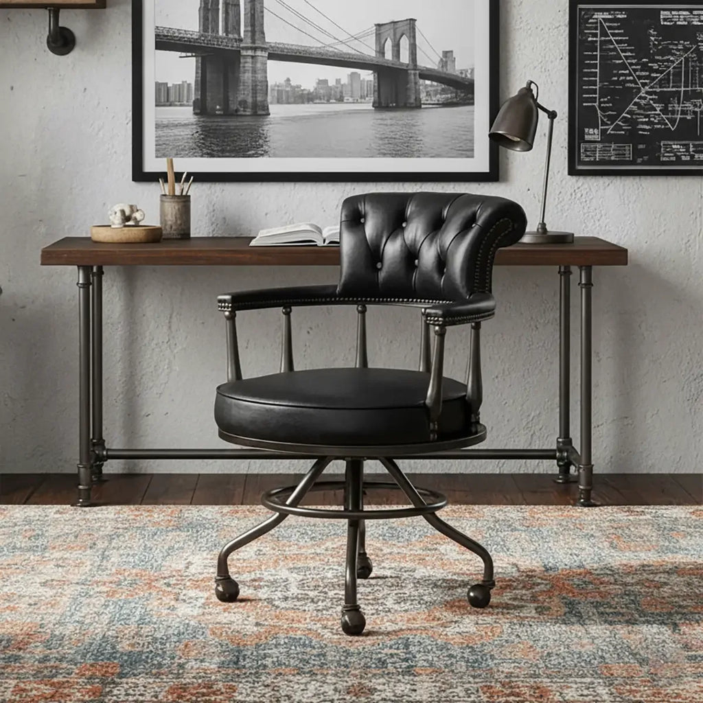 Fauteuil de bureau Chesterfield noir en cuir antique