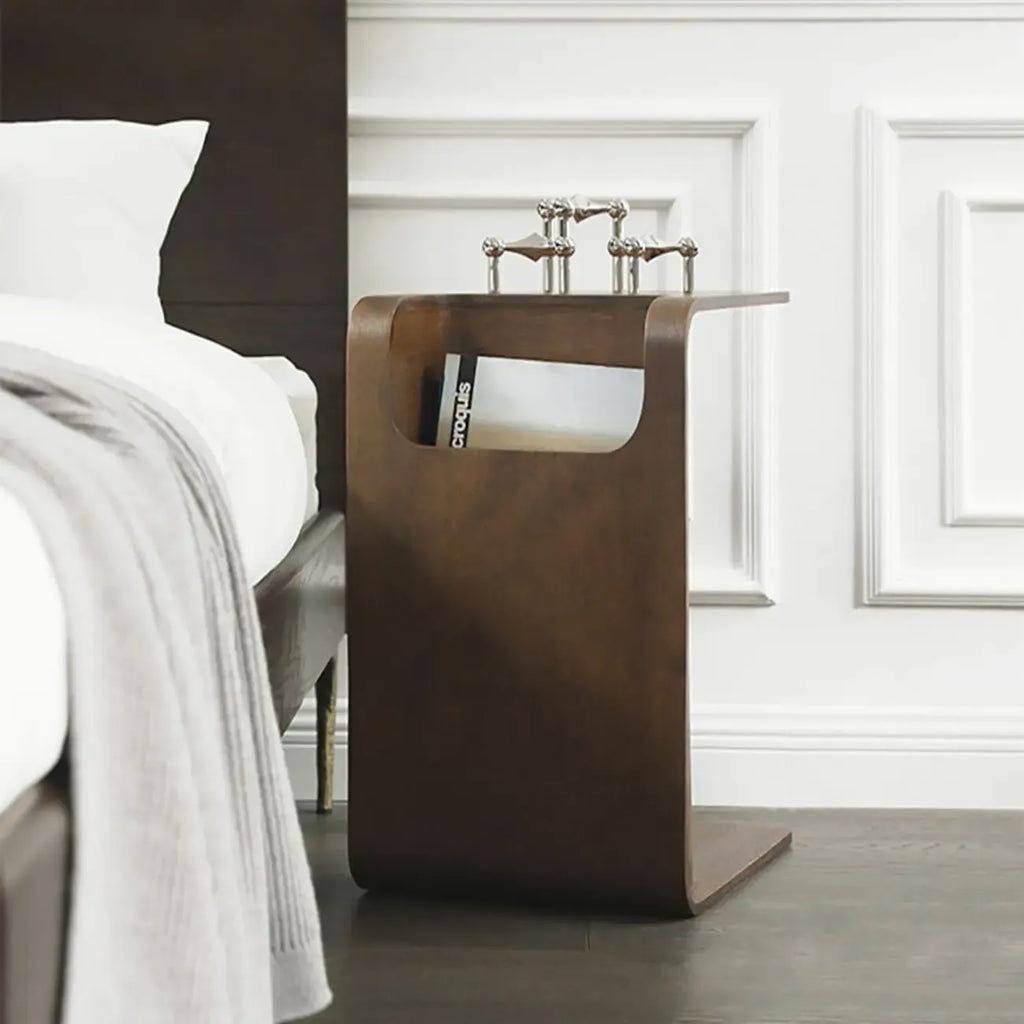 Table d'appoint convertible en forme de C en bois de noyer avec rangement